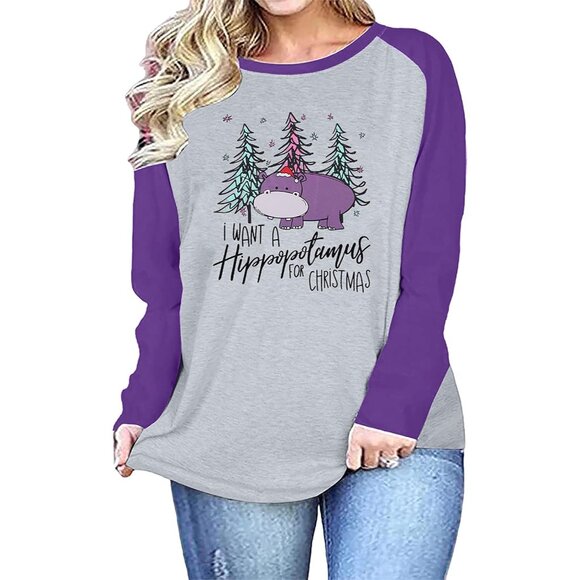 Women’s Christmas Hippopotamus T-Shirt Plus Size Long Sleeve Cute Holiday Wear - Picture 1 of 5